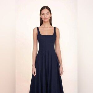 NEW STAUD Wells Stretch Cotton Sleeveless Midi Dress Navy | US 2 UK 6